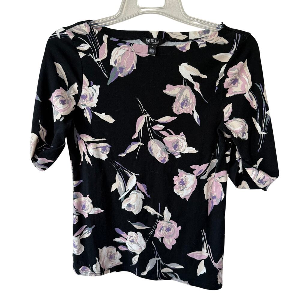 Lauren Ralph Lauren Size M Black Floral T-Shirt